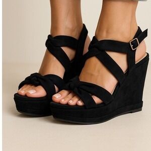 Makers Shoes Womens Black Suede Platform Wedge Sandals 6 Heels Dressy Chic Looks